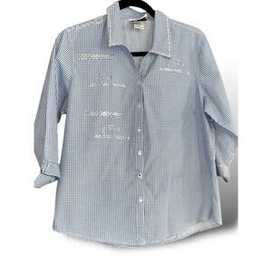 LANIE NEW YORK Navy Blue Gingham Bling Dolphin Design Blouse Size Small